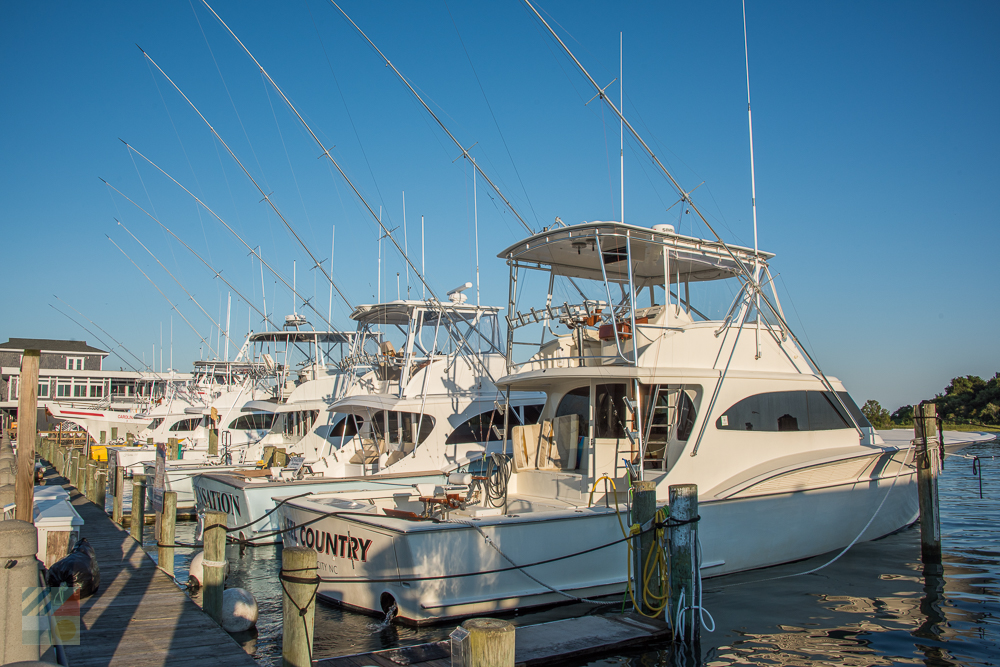 Fishing boats lined up in downtown Morehead City