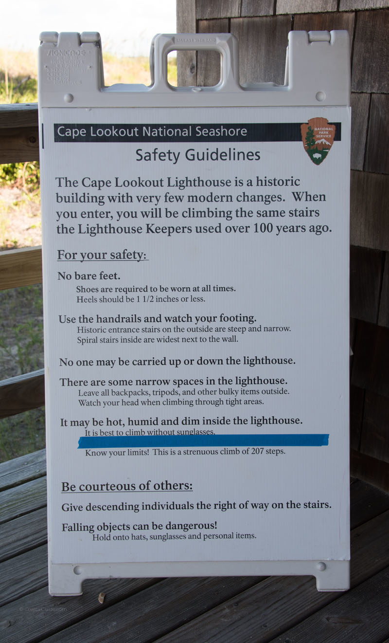Cape Lookout Lighthouse safety guidelines sign for climbers. 